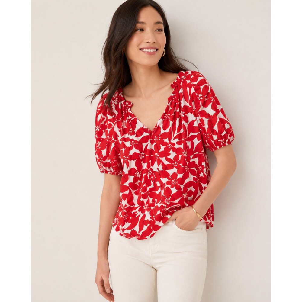 Ann Taylor LOFT Floral Puff Sleeve Blouse Red White Cotton Top Women’s XS